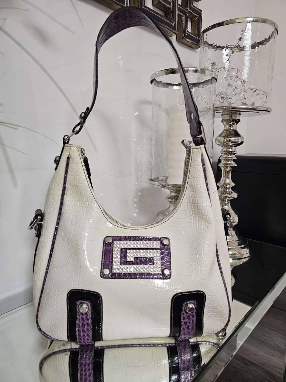 Guess Vintage White Croc-Texture Shoulder Bag with Purple Trim